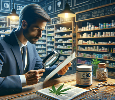un homme contrle un produit CBD